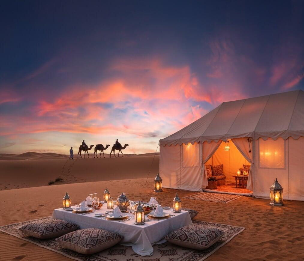 Sunset over the Sahara Desert dunes during a luxury Morocco tour
