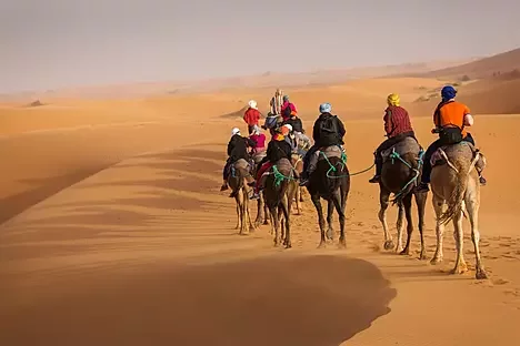 Erg Chebbi sand dunes camel trek at sunset on luxury Morocco Sahara tour