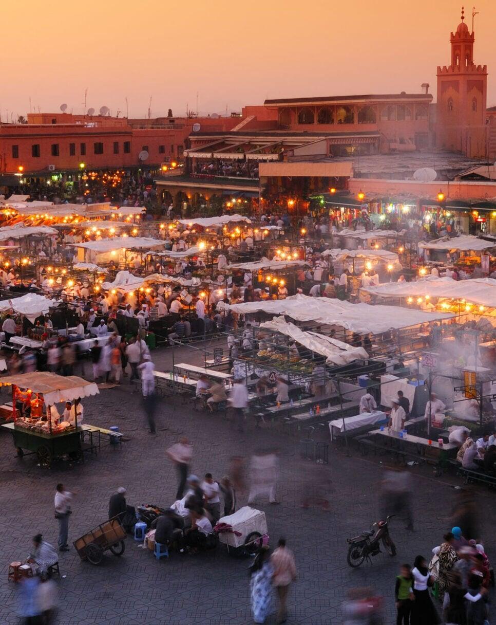 Marrakech Djemaa el-Fna square at night — final evening of the journey