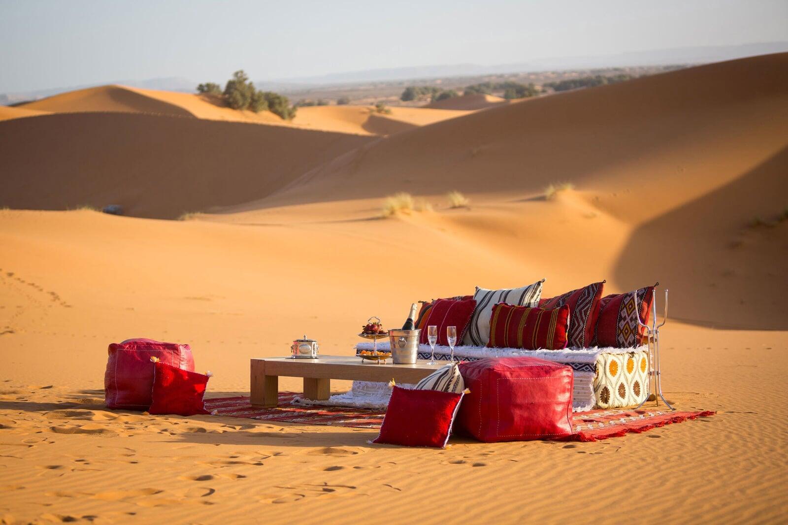 Erg Chebbi Sahara sunrise over golden dunes, Morocco