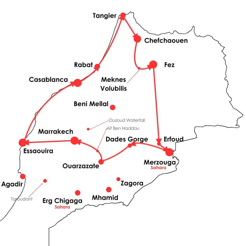 14-day Majestic Morocco Tour map - diverse landscapes, vibrant cities, and ancient sites