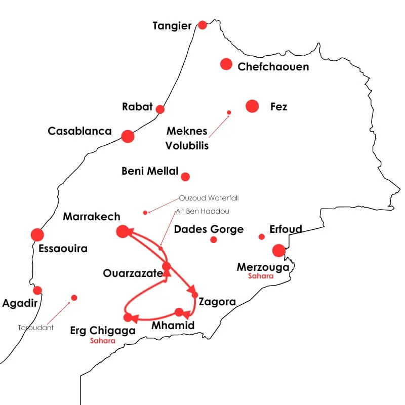 8-day Marrakech and Erg Chigaga Desert Tour map - authentic desert experience in Morocco